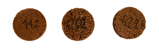 The photo shows three brown discs positioned in a line next to each other on a white background. The discs differ from one another by the number of pores and are marked from the left by numbers: 112, 202, 422.