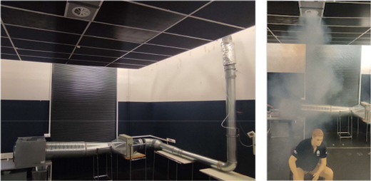 Smoke testing he photo on the left shows a room with the air purification installation. The silver pipes that are part of the installation run on walls, first – horizontally and then upwards. The photo on the right shows a dummy wearing a T-shirt with the AGH UST logo. The dummy is enveloped in smoke that flows from the ceiling fan.