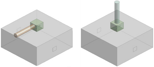 A diagram of a plenum box with side entry and top entry The figure shows two different variants of connecting the stub pipe to the plenum box that is installed on the ceiling of a room. On the left, there is a box with the stub pipe connected on the side; and on the right, the stub pipe is connected at the top.