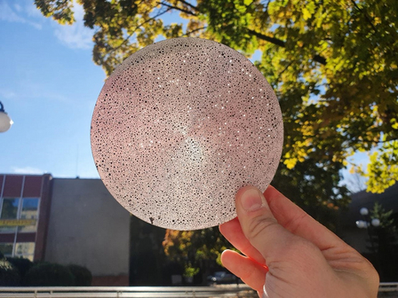 The photo features a hand holding a rounded shape, coloured beige. The porous structure of the material is visible. The photo was taken outside, on the left side there is a fragment of a tree; on the right side there is a building and a portion of the sky.