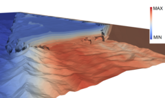 The picture shows a cross-section of the 3D pollution profile. The terrain is covered with a topographic mesh made of triangular elements. Subsequent layers assume various shades of blue, which corresponds to minimal pollution concentration, and orange, which corresponds to maximal pollution concentration. The lower the layers, the more intensive the colour orange, i.e. the concentration of a substance is higher. On the right side of the picture, there is a vertical scale that goes from blue to orange, from minimum to maximum points.