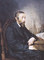 The graphic shows a portrait of Ignacy Łukasiewicz, who is wearing an elegant tailcoat and sitting on a carved wooden chair. Next to him, there is a table with tools used for petroleum distillation and a fat notebook with handwritten notes.