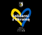 The centre of the graphic features a heart; half of it is yellow, and the other half is blue. Black background. The white inscription translates into English as: “Stand with Ukraine”.