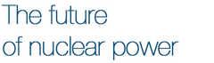 In the foreground of the picture is a white inscription “nuclear energy” against a blue background. The text is inscribed into a hexagon. In the background, in a mirror reflection, a person in a blue suit, white shirt, and navy blue tie is pointing their finger to the hexagon.