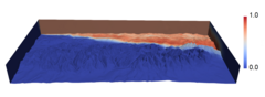 The picture shows 3D simulation of pollution propagation over the Tatra Mountains in Poland. The terrain is covered with a topographic mesh constructed from triangular elements. The mountains are coloured blue and the pollution is coloured orange, the intensity of which depends on the concentration. The pollution stops by the Tatra Mountains and does not travel to the Slovak side. On the right side of the picture, there is a vertical scale that goes from blue to orange, from zero to one.