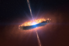 The photo shows a dynamic hypernova explosion. On both sides of the star, in the form of a beam, also called an astrophysical jet, gamma radiation is being released, which may be registered by telescopes on Earth.