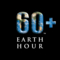 Black background, planet Earth in the form of symbols: 60+ with a white inscription below that says: "Earth Hour".