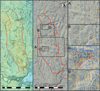 The image shows a bird’s-eye visualisation of the archaeological site. The system of farmland and a residential area are marked with a close-up on the preserved balks.
